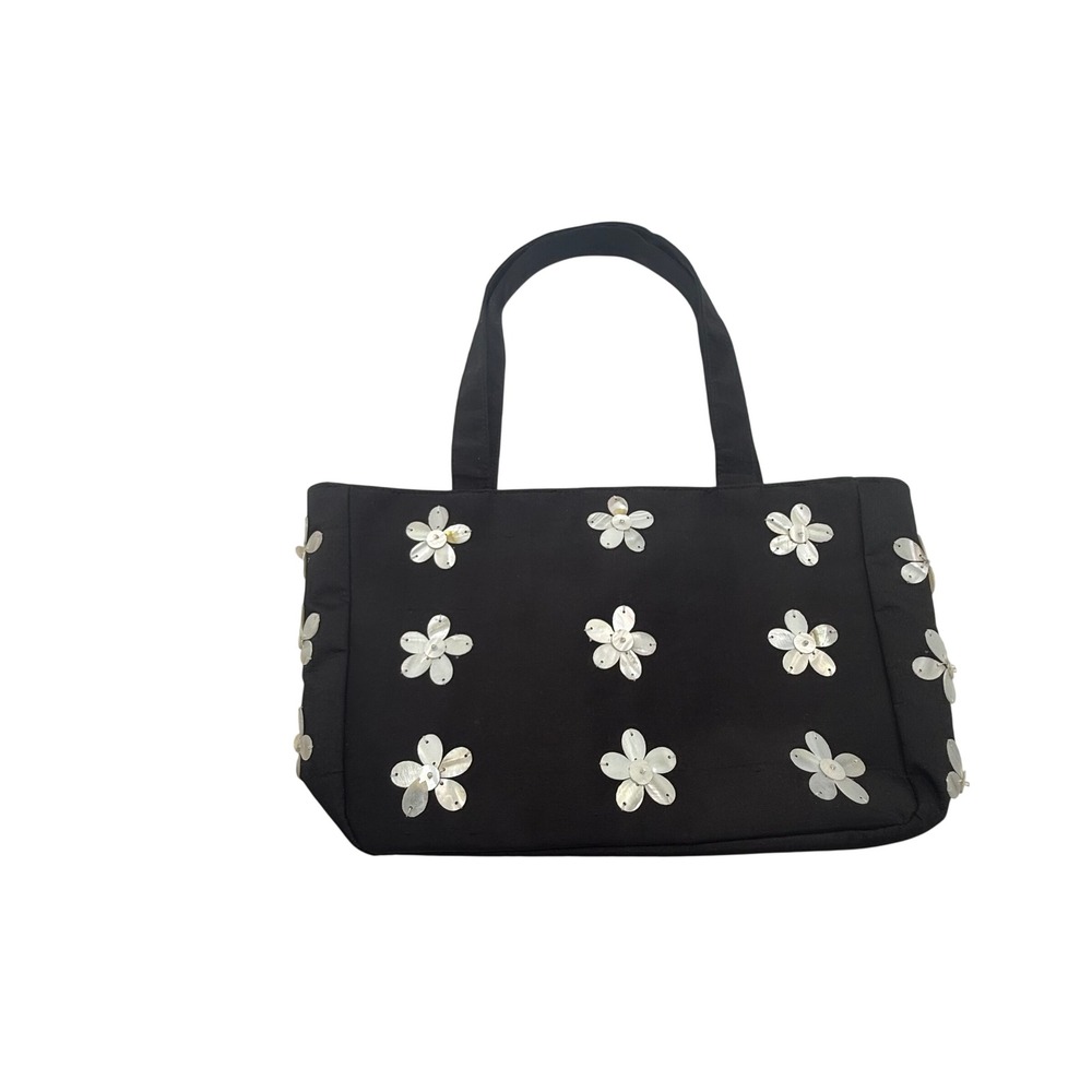 Shiraleah Black Fabric Tote Bag Shell‎ Flower Applique Handbag Floral Iridescent